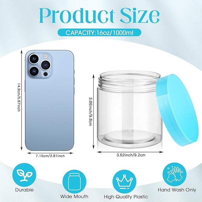 SATINIOR 12 Pack 16 oz Plastic Container Jars with Lids Round Clear Travel Cosmetic Container Slime Jars for Toiletries, Lotion, Cream, Ointments, Makeup, Rhinestone, Samples, Kitchen Storage(Blue)
