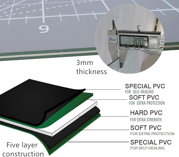 Headley Tools Thickened 24 x 36 Inch Self Healing Sewing Cutting Mat, A1 Rotary Cutting Sewing Mat for Crafts, Double Sided 5-Ply Table Cutting Board for Fabric Quilting Leather Hobby, Grey/Black