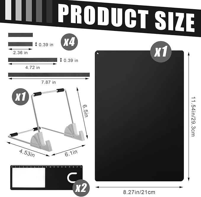 Flutesan 8 Pcs Cross Stitch Accessories and Tools 11.5 x 4.7 Inch Metal Magnet Board Chart Knitting Pattern Holder 2 Bookmark Magnifier with Ruler 1 Bracket 4 Magnet Strips for Crafts Work (Black)