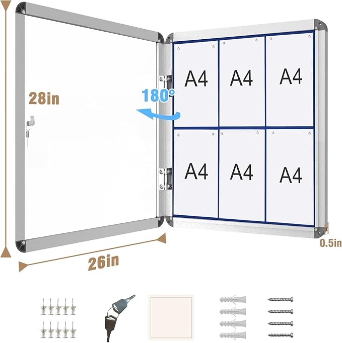 28"x26" Enclosed Bulletin Board, Lockable Weather-Resistant Aluminum Cork Noticeboard for School & Office, Silver Frame w/Blue Flet