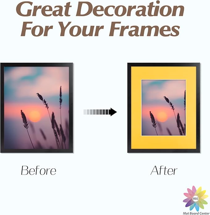 Mat Board Center, Pack of 10, 11x14 for 8x10 Deep Yellow Color Mats - Bevel Cut, Acid Free, 4-ply Thickness, White Core - for Pictures, Photos, Framing