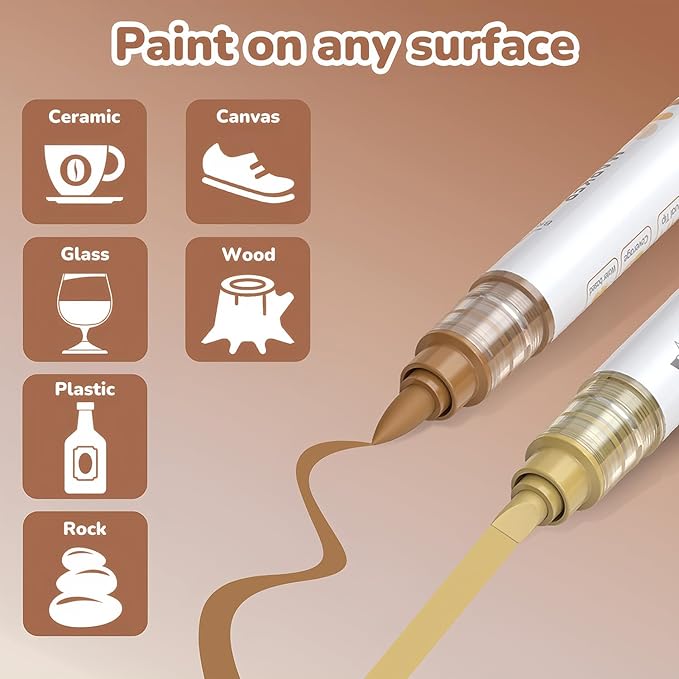Guangna 12 Brown Dual Tip Acrylic Paint Markers, Brush Tip & Chisel Tip Acrylic Paint Pens for Rock, Wood, Glass, Paper, Coloring Book, Ceramic, Canvas, Water-Based Ink