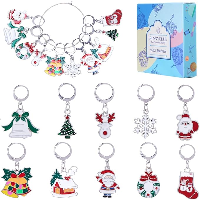 SUNNYCLUE 1 Box 20pcs Christmas Stitch Markers Knitting Crochet Knitting Markers Leverback Hoop Stitch Marker Enamel Crochet Knitting Markers for Knitting Weaving Sewing Needleworks DIY Craft Supplies