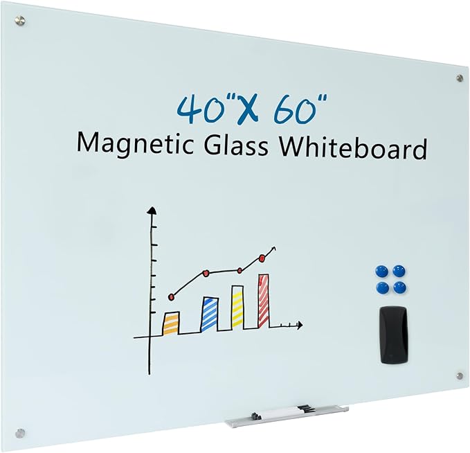 Magnetic Whiteboard Glass Writeboard 40"x60" Tempered Glass Dry Erase Board Wall Mounted Frameless Glass Whiteboard Writing GlassBoard for Office School Home (White)