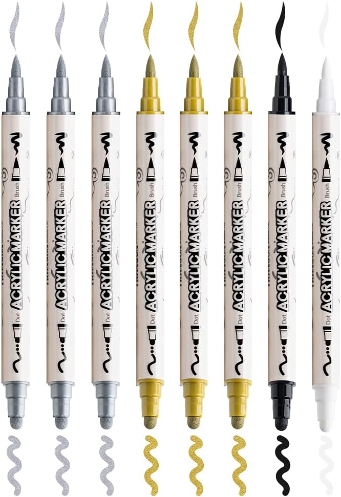 TRANSON 3 Gold, 3 Silver, 1 Black and 1 White Paint Markers Brush and Bold Dual-tip Acrylic Paint Marker Set for Rock Painting Glass Canvas Wood Leather Ceramic Painting