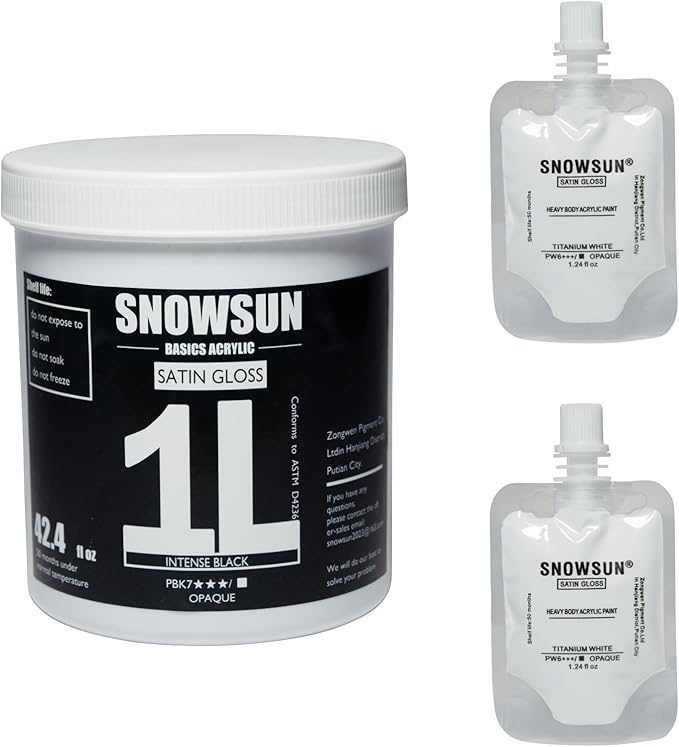SNOWSUN Large Bulk Acrylic Paint, Basic Charcoal Black Acrylic Paint 1L /42.4 oz, and 25ml*2 Pouch Titanium White, Gloss Non-Toxic Heavy Body Paints - Thick Art Paints for Multi-Surface Canvas Wood Ceramic Fabric Wall- Ideal for Artists & Beginners