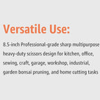 Heavy Duty All Purpose Scissors, Stainless Steel Blades, Frosted Gray Comfort Grip Handle, 8.5 Inch Professional Multipurpose Utility Sharp Shears for Kitchen, Garden, Office, Craft, Sewing