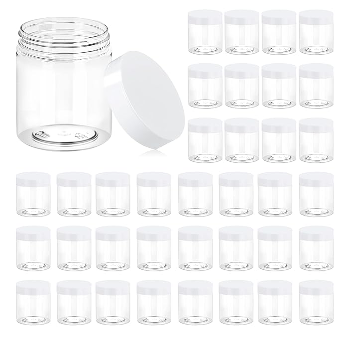 Eternal Moment 36 Pack 8 OZ Plastic Jars Round Clear Cosmetic Container Jars with White Lids, Perfect for Lotion, Slime，Cream, Ointments, Makeup, Eye Shadow, Samples, Pot, Travel Storage ﻿
