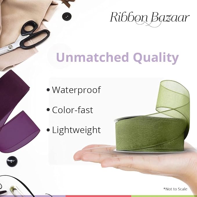 Ribbon Bazaar Sheer Organza Wired Ribbon - 100% Polyester Wire Edged Ribbon for Floral Decor, Table Arrangements, Apparel Embellishment & More - 1-1/2" Moss 25yd