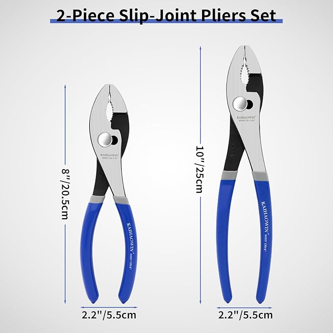 KAIHAOWIN Slip-Joint Pliers 8"& 10" Set of 2, Large Pliers Cr-V Heavy Duty Serrated Jaw with Rubber Grip Handle Plier Tool