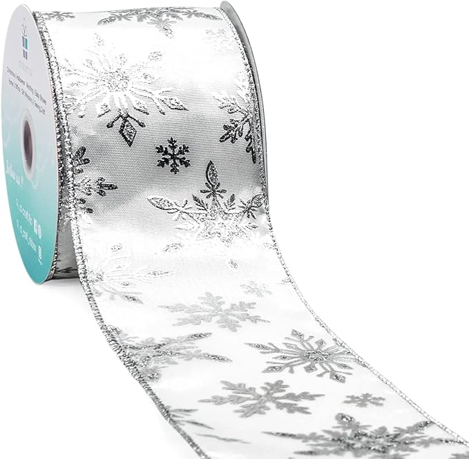 CT CRAFT LLC Satin with Silver Snowflake Wired Ribbon 2.5 Inch x 10 Yards for Christmas Home Decor Tree Topper Bow Gift Wrapping DIY Crafts Wreath Garland