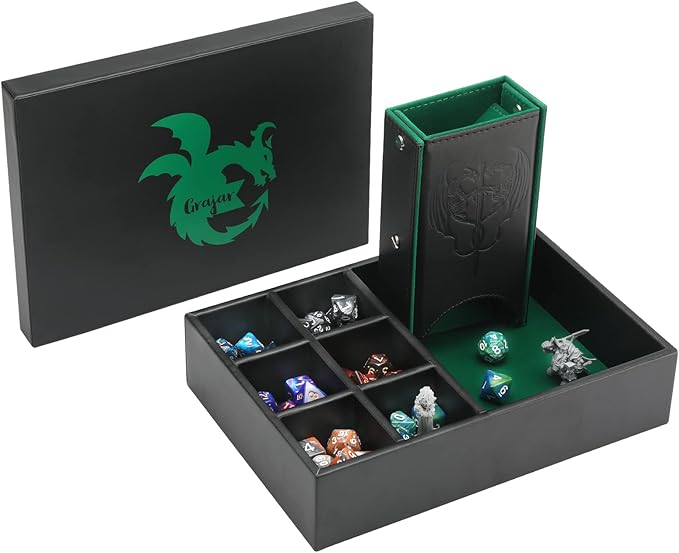 3 in 1 Dice Tray with Lid, Portable Dice Box Storage, D&D RPG MTG Table Games (Green)