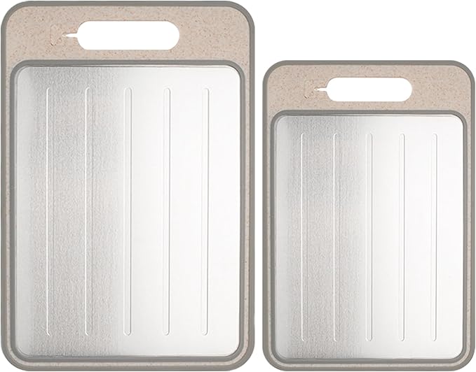 Cutting Board Double Sided,2 Pcs Vegetable Board With Sharpening Stone,Large Size+Small Size,Food Grade Stainless steel and Wheat straw PP Material,Eco-Friendly (khaki)