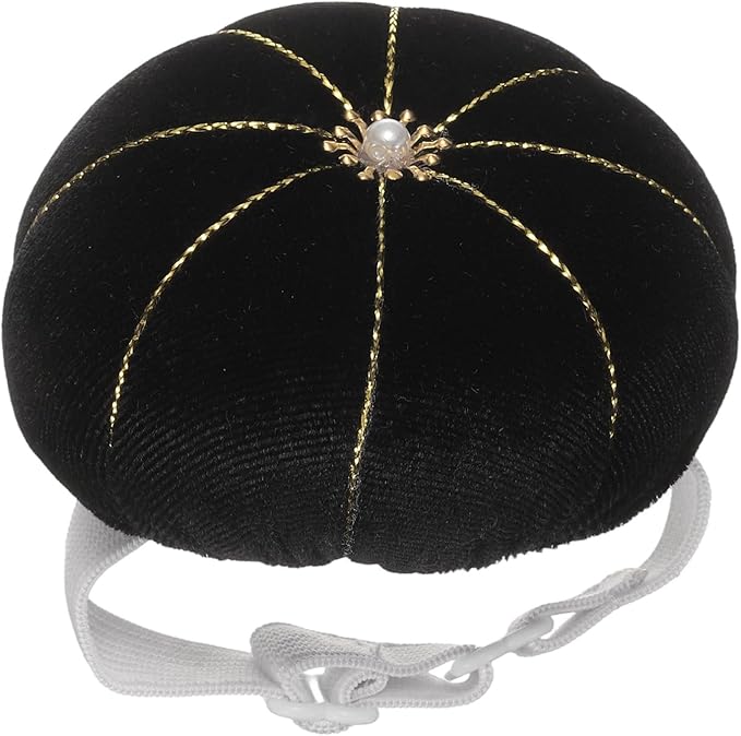 HARFINGTON Wrist Pin Cushion Wristband Sewing Pincushion Polyester Pin Holder Wearable Pumpkin Shaped Needles Wristband for Sewing Quilting Needlework DIY Crafts, Black