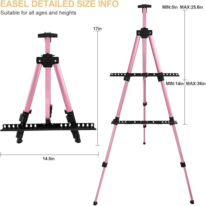 RRFTOK Artist Art Painting Easel Stand, Aluminum Metal Adjustable Easel for Painting Canvases Height from 17 to 66 Inch,Carry Bag for Table-Top/Floor Drawing,Painting and Displaying(2pack,Pink)