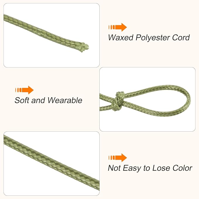 MECCANIXITY Waxed Cord 2mm Waxed Polyester Cord 98 Yard Wax String for Bracelet Making, Necklaces, Beading, Jewelry Making and DIY Crafts(Army Green)
