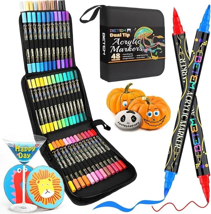 Betem Paint Markers Acrylic Paint Pens, Dual Tip 48 Colors Acrylic Markers with Brush Tip and Fine Point, Art Supplies for Wood, Canvas, Stone, Glass, Rock Painting Kit DIY Crafts Drawing Kit with Bag