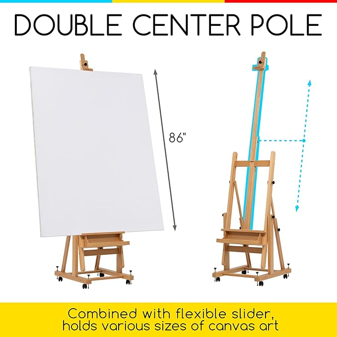 MEEDEN Enlarged Heavy-Duty H-Frame Easel: Artist Solid Beech Wooden Studio Easel - Professional Painting Art Easel Stand with 4 Lockable Wheels & Leveling Bolts - Hold Canvas up to 86" H