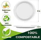 9 inch Plates Disposable Heavy Duty 150 Pack Leak Proof 100% Compostable Dinnerware Round White Paper Dishes Bagasse Made for Dessert, Parties, Wedding and BBQ (9 Inch)