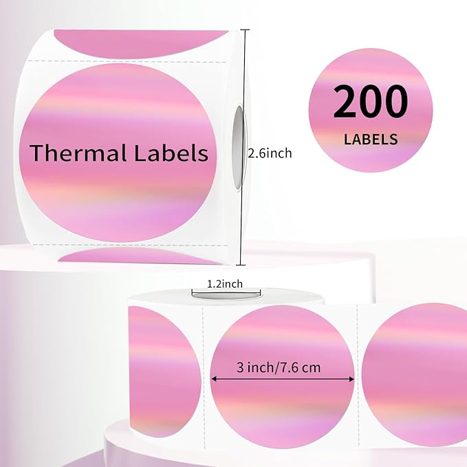 3" Circle Holographic Thermal Label Stickers Pink, Round Printable Rainbow Thermal Sticker for Gift Wrapping, Self-Adhesive/Perforation Line Design