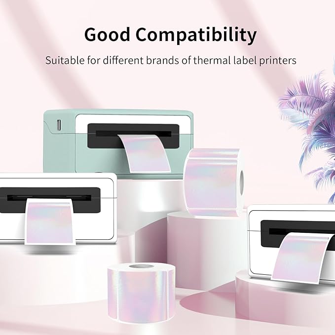 2" x 2" Square Transparent Thermal Labels Stickers, Clear Thermal Labels, Transparent Holographic Pink Direct Thermals Label, Perforation Line Design- 200 Sheets