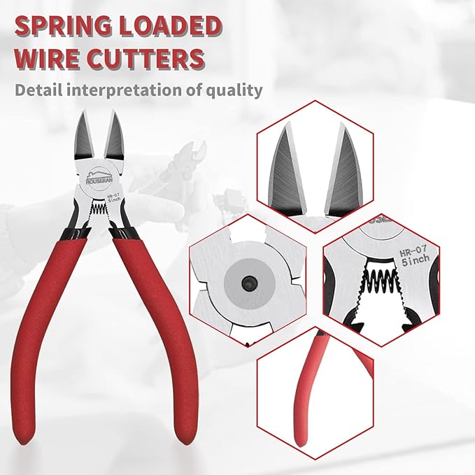 Wire Cutters 5 Pack, 5 Inch Wire Cutters Set, HOUSERAN Side Cutters Flush Cut Pliers, Spring Loaded Cutting Pliers with Non-slip Red Handle, Dikes Wire Cutters Snips for Model Kits, Crafting, Zip Ties
