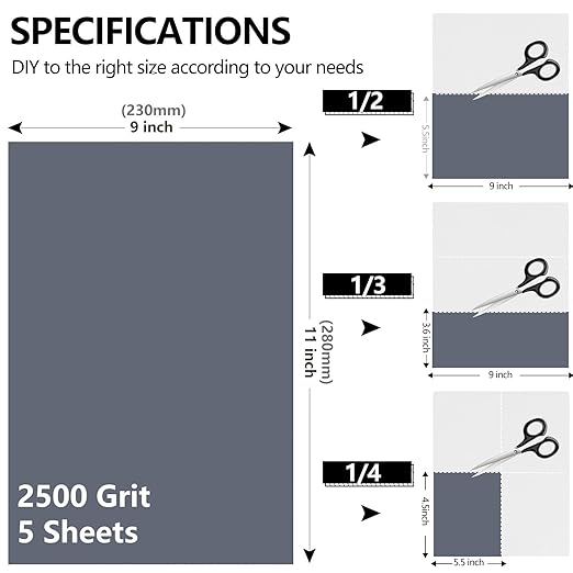 2500 Grit Sandpaper, 9 x 11 Inch Wet Dry Sand Paper Hand Abrasive Sanding Sheets for Wood Metal Automotive Sanding and Polishing, Extra Fine - 5 Sheets