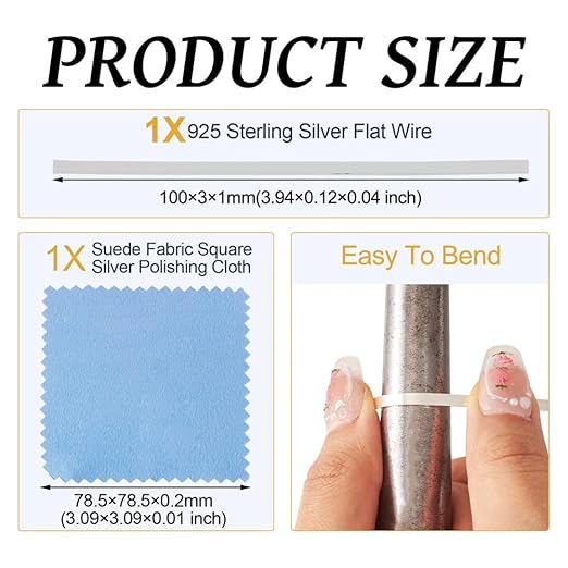 Fashewelry 1pc 925 Sterling Silver Flat Wire 3x1mm Rectangle Bezel Strip 0.3 Feet Dead Soft Metal Wire with 1pc Cleaning Cloth for Stone Cabochon Rings Bangles Jewelry Making