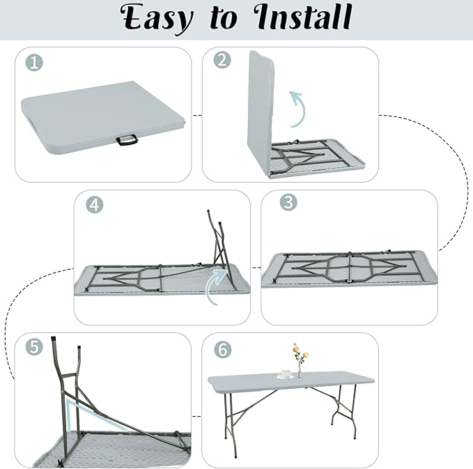 2 Pack 6 FT Folding Tables Grey Foldable Table, Fold-in-Half with Carrying Handle Portable Plastic Rectangular Table for Party, Dining, Wedding, Camping, Picnic, Indoor Outdoor Events