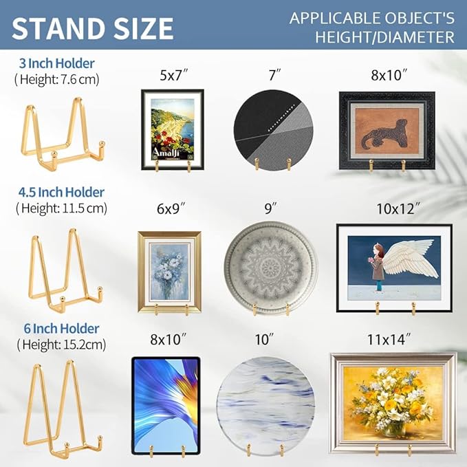Plate Holder Easel Display Stand - 6 inch Metal Plate Stands for Display - Tabletop Picture Stand - Gold Iron Easels for Display Pictures | Photo Frames | Book | Decorative Plates | Plaque - 4 Pack
