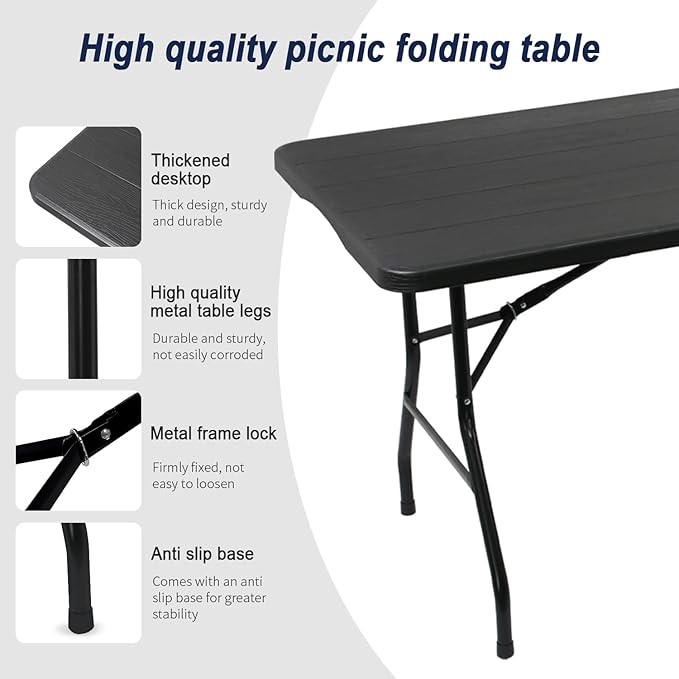 70.8" W X 29" D X 29" H - 6 ft Folding Table Black Wood Grain Portable Heavy Duty Plastic Fold-in-Half Utility Foldable Table for Camp，Picnic & Party