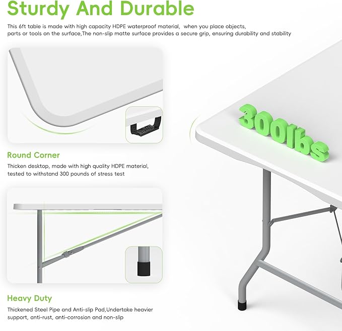 Folding Table 6ft, Foldable Portable Heavy Duty Plastic Fold-in-Half Utility Table with Handle & Safety Locks, Picnic Table Indoor Outdoor for Camping, Picnic and Party