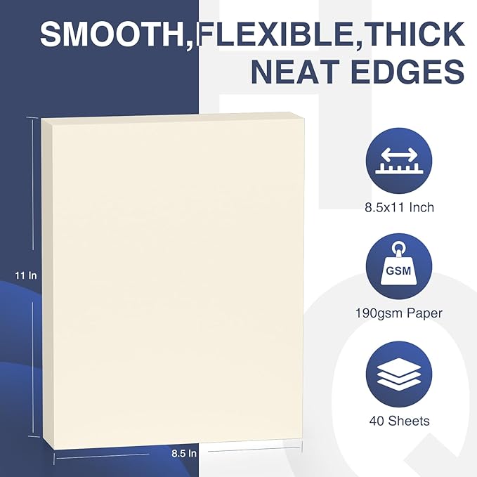 Cardstock 8.5 x 11 Inch 40 Sheets 190 gsm Heavyweight Card Stock Paper Off White Cardstock Printer Paper Perfect for Wedding Invitations, DIY Cards, Postcards, Photos, Art and Crafts