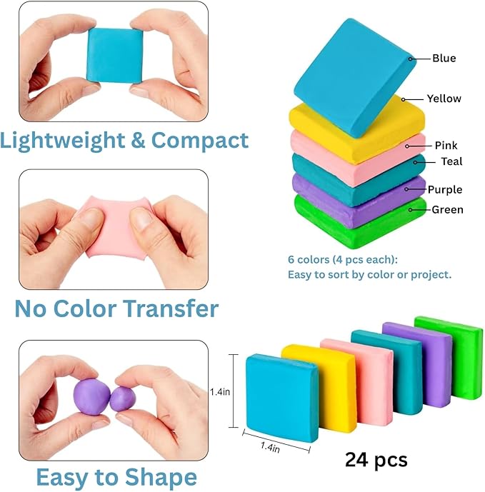 24 Pack Kneaded Erasers,Colorful Drawing Art Moldable Kneaded Sketching Erasers for Artists Blend, Shade, Smooth(24,Colored Eraser)