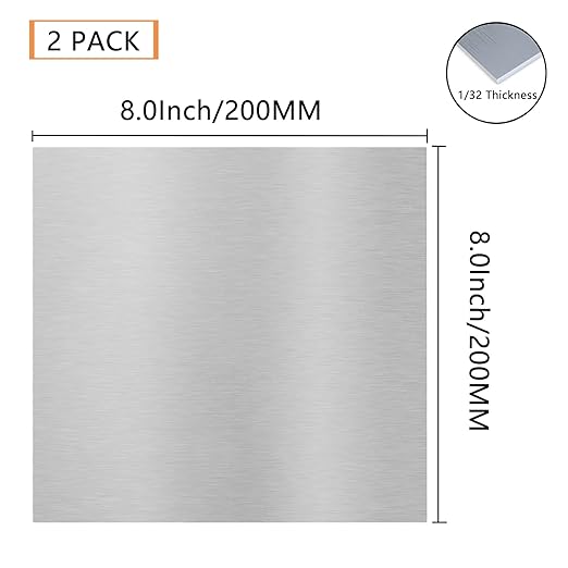 2Pack 6061 T651 Aluminum Sheet Metal 8 x 8 x 1/32(0.8MM) Inch Flat Plain Thin Aluminum Plate Covered with Protective Film, Heat Treatable Rectangle Aluminum Metal Plate for Crafting, DIY, Industrial