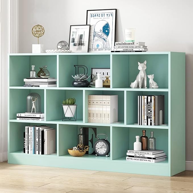 IOTXY Open Shelf Low Bookcase - Wooden 3-Tier Floor Standing Display Cabinet Organizer with Base, 10 Cubes Short Horizontal Bookshelf in Tiffany-Green