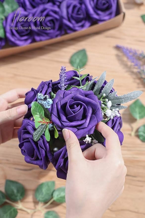 Floroom Artificial Flowers 50pcs Real Looking Dark Purple Foam Fake Roses with Stems for DIY Wedding Bouquets Bridal Shower Centerpieces Floral Arrangements Party Tables Home Decorations