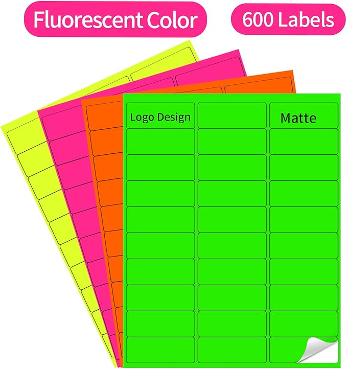 STARLIBOO 1" x 2-5/8" Neon Colored Labels Stickers Fluorescent Bright Neon Color Address Labels for Laser/Inkjet Printer, Permanent Adhesive- 600 Pcs/ 4Colors
