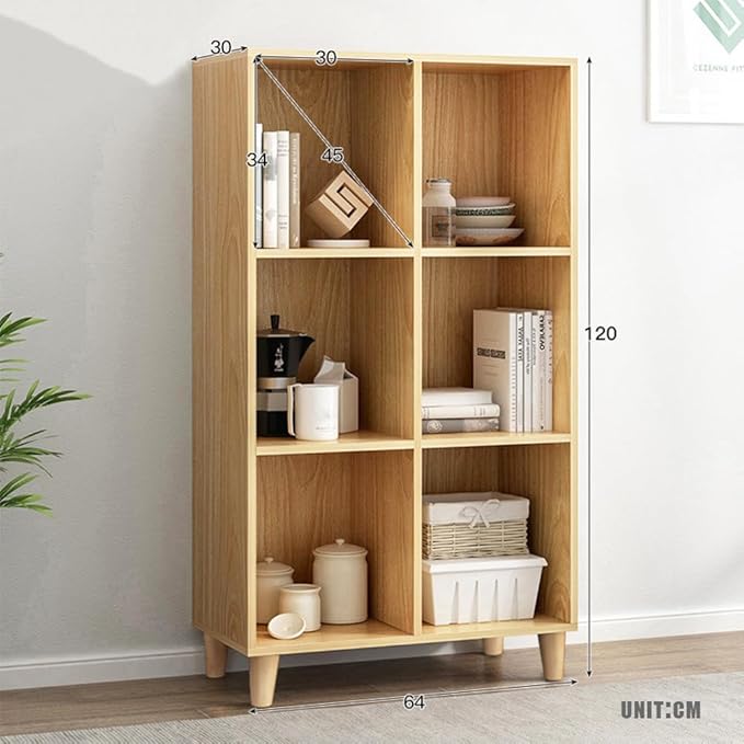 IOTXY Open Cube Low Bookcase - 3-Tier Freestanding Storage Display Cabinet Organizer with Legs for Home Office, 6-Cubes Open Shelf Short Bookshelf, Oak