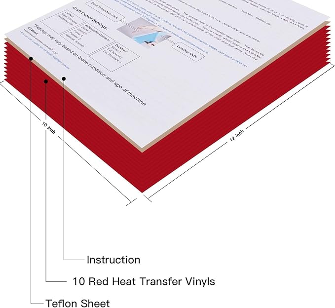 JANDJPACKAGING Red Heat Transfer Vinyl HTV for T-Shirts,10 Pack 12" x 10" Sheets for Iron On T Shirts - for Silhouette Cameo Or Cricut - Heat Press Machine