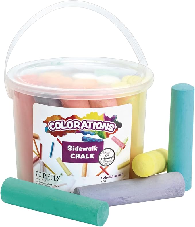 Colorations Washable Sidewalk Chalk in Storage Bucket, 20 Pieces, 8 Assorted Colors, Driveway Chalk for Kids, Oudoor Chalk, Kids Dustless Chalk, Homeschool, Home School Use