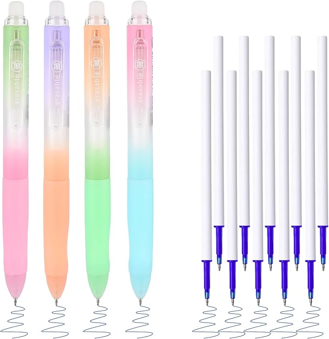 Temiary 4 Pcs Erasable Gel Pens & 10 Pcs Refills, Retractable Ink Pen with Eraser Clear, 0.5mm Fine Point Smooth Writing Make Mistakes Disappear for Crossword Puzzles Note Taking (Blue Ink)