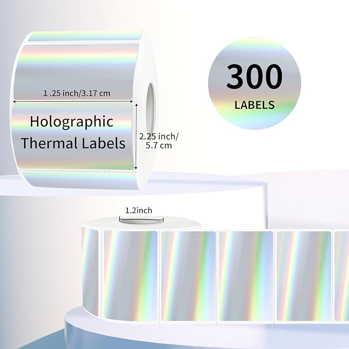 2.25"x1.25" Direct Thermal Labels, Holographic Thermal Printer Labels for Barcode, Self-Adhesive Address Shipping Thermal Label Stickers-1 Roll, 300 Labels, Holographic Silver