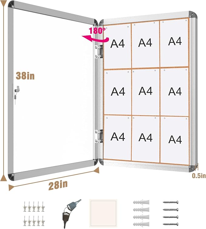 38"x28" Enclosed Bulletin Board, Lockable Weather-Resistant Aluminum Cork Noticeboard for School & Office, Silver Frame w/Cork