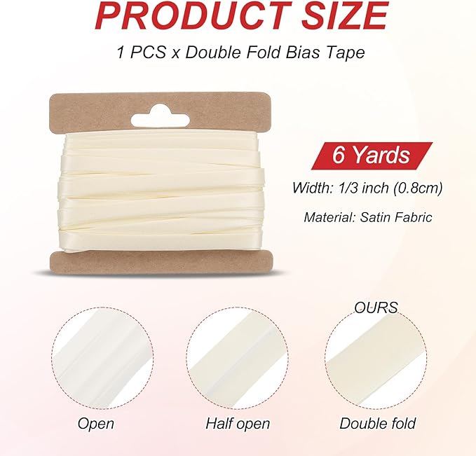 MECCANIXITY Double Fold Bias Tape for Sewing 1/3 Inch x 6 Yards Satin Pre-fold Continuous Binding Tape for Seaming Quilting Hemming Binding DIY Crafts, Beige White