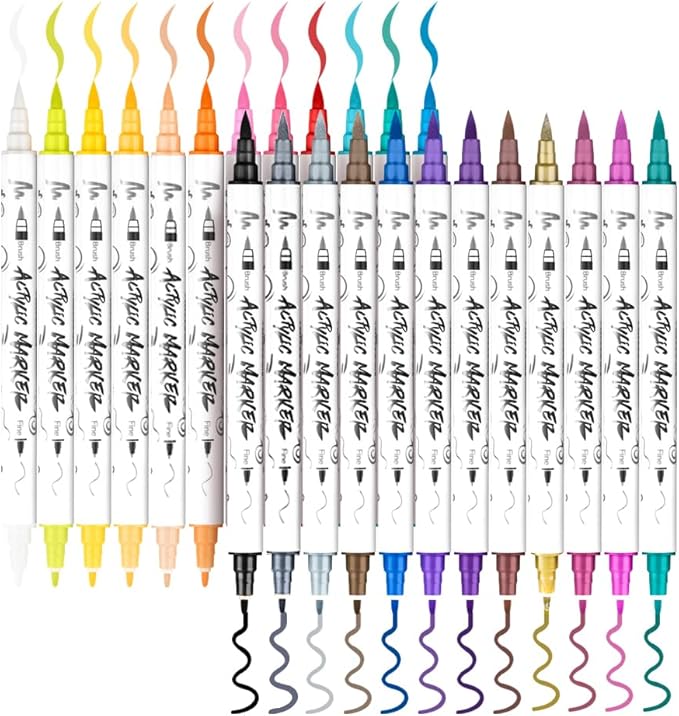 TRANSON 24 Colors Fine and Brush Dual-tip Acrylic Paint Marker Pen Set for Canvas Rock Wood Leather Ceramic DIY Painting