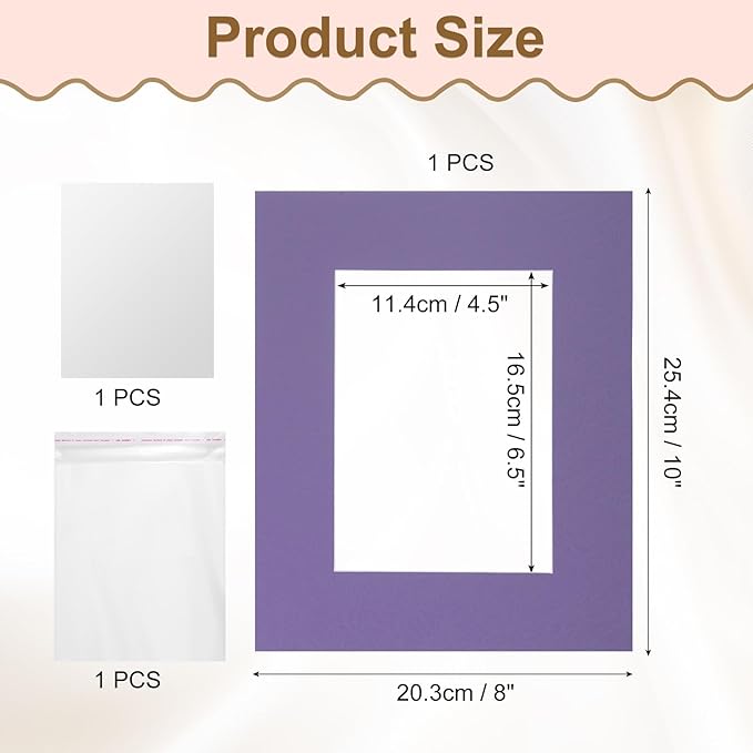 uxcell Picture Mats, 8 x 10 Mat Board Center for 5 x 7 Pictures Acid Free White Core Bevel Cut Frame Mattes with Backing for Display Art Measuring, Purple