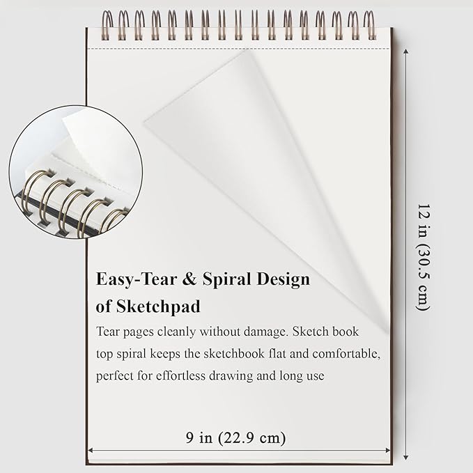 9"X12" Sketch Book Bulk, Top Spiral Bound Sketch Pad, 3 Pack 100 Sheets Each (68lb/100gsm), Acid Free Art Sketchbook Artistic Drawing Painting Writing Paper for Kids Adults Beginners Artists