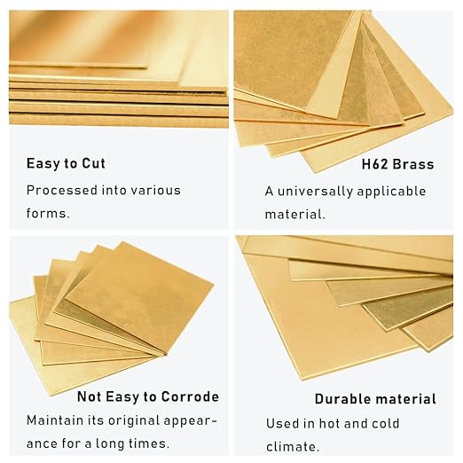 12 Gauge Brass Sheet，H62 Brass Plates Metal 0.079" Thickness x 5.9" Width x 5.9" Lenght, for Models, Crafts, Repairs, Electrical, 1Pcs
