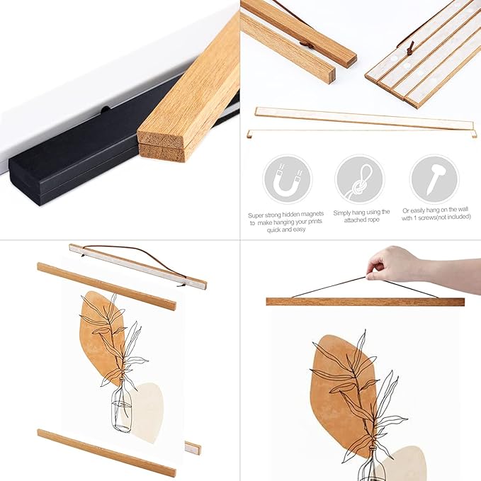 Ywlake Magnetic Poster Hanger, 26x30 26x36 26x19 Frame Wood Wooden Magnet Print Posters Dowel Scroll Hanging Kit for Walls Map Canvas Artwork (Teak Wood, 26")